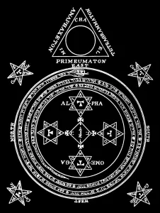 The magical circle and triangle, magical objects/symbols used in the evocation of the seventy-two spirits of the Ars Goetia