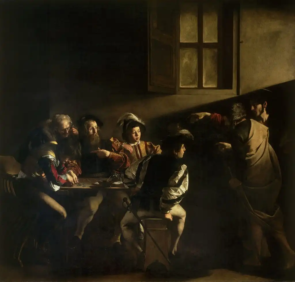 Calling of Matthew by Caravaggio, 1599 is a famous piece of Baroque art
