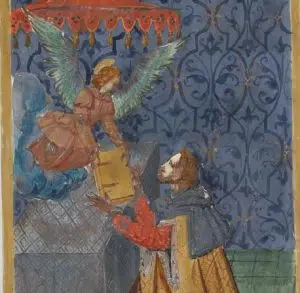 Solomon receives the Ars Notoria from the angel Pamphilius in the Jewish Temple.