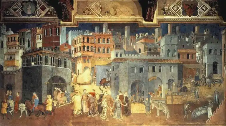 Detail of The Effects of Good Government, a fresco in the City Hall of Siena by Ambrogio Lorenzetti, 1338.