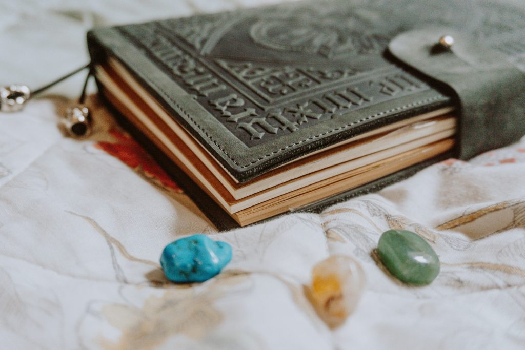 vintage journal with crystals